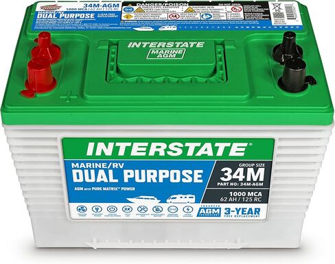 Interstate Batteries Marine/RV Battery 12V 62Ah 800CCA (34M-AGM) Dual Purpose Power Pure Lead AGM RV & Marine Starting Replacement Battery (Group Size 34M) Boats, RV's in Saudi Arabia