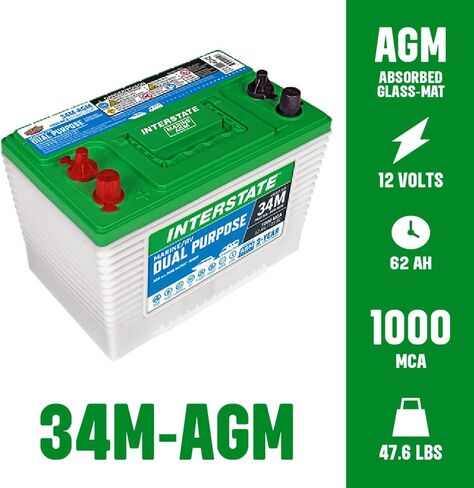 Interstate Batteries Marine/RV Battery 12V 62Ah 800CCA (34M-AGM) Dual Purpose Power Pure Lead AGM RV & Marine Starting Replacement Battery (Group Size 34M) Boats, RV's in Saudi Arabia