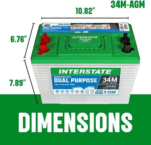 Interstate Batteries Marine/RV Battery 12V 62Ah 800CCA (34M-AGM) Dual Purpose Power Pure Lead AGM RV & Marine Starting Replacement Battery (Group Size 34M) Boats, RV's in Saudi Arabia
