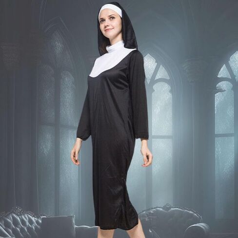Women's Sexy Nun Cosplay Lingerie Anime Roleplay Costume High Slit Fancy Dress Outfit Halloween Nightwear with Veil in Saudi Arabia