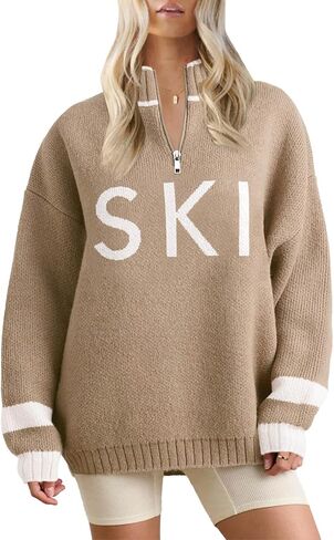 Zwurew Women's Ski Sweater 2024 Quarter Zip Color Block Striped Slouchy Long Sleeve Knitted Pullover Jumper Tops in Saudi Arabia