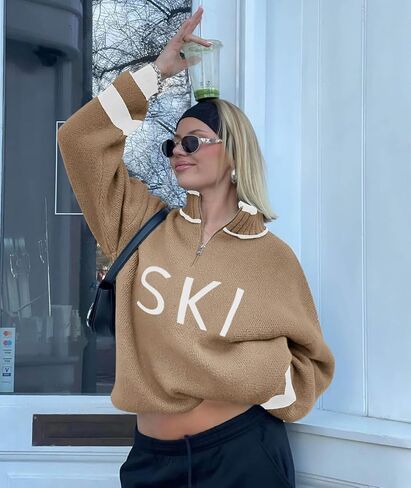 Zwurew Women's Ski Sweater 2024 Quarter Zip Color Block Striped Slouchy Long Sleeve Knitted Pullover Jumper Tops in Saudi Arabia