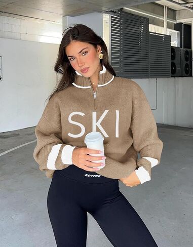Zwurew Women's Ski Sweater 2024 Quarter Zip Color Block Striped Slouchy Long Sleeve Knitted Pullover Jumper Tops in Saudi Arabia