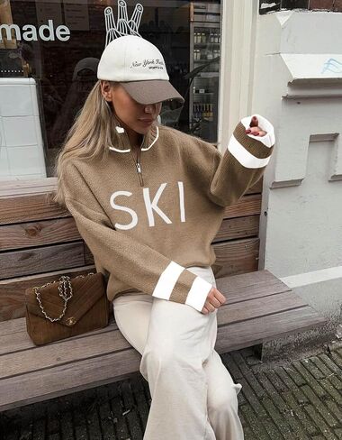 Zwurew Women's Ski Sweater 2024 Quarter Zip Color Block Striped Slouchy Long Sleeve Knitted Pullover Jumper Tops in Saudi Arabia