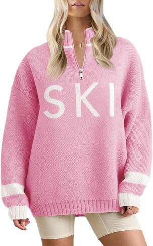 Zwurew Women's Ski Sweater 2024 Quarter Zip Color Block Striped Slouchy Long Sleeve Knitted Pullover Jumper Tops in Saudi Arabia