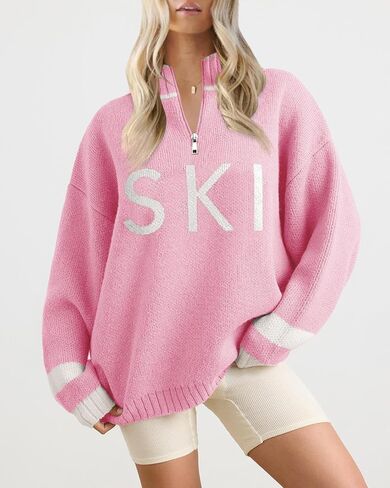 Zwurew Women's Ski Sweater 2024 Quarter Zip Color Block Striped Slouchy Long Sleeve Knitted Pullover Jumper Tops in Saudi Arabia