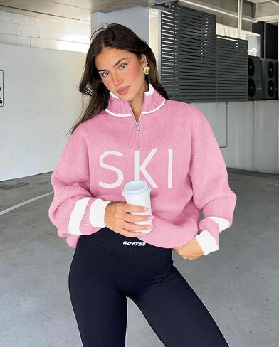 Zwurew Women's Ski Sweater 2024 Quarter Zip Color Block Striped Slouchy Long Sleeve Knitted Pullover Jumper Tops in Saudi Arabia
