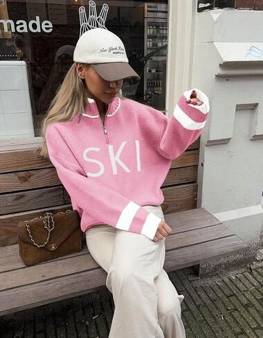 Zwurew Women's Ski Sweater 2024 Quarter Zip Color Block Striped Slouchy Long Sleeve Knitted Pullover Jumper Tops in Saudi Arabia