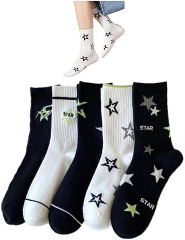 Star Socks 5-Pairs Cute White Black Colorful Star Women’s Soft Cotton Rib Mid-Calf Socks in Saudi Arabia