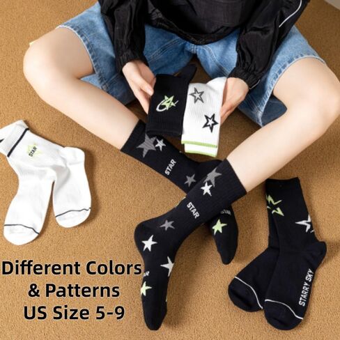 Star Socks 5-Pairs Cute White Black Colorful Star Women’s Soft Cotton Rib Mid-Calf Socks in Saudi Arabia
