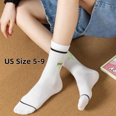 Star Socks 5-Pairs Cute White Black Colorful Star Women’s Soft Cotton Rib Mid-Calf Socks in Saudi Arabia
