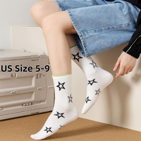 Star Socks 5-Pairs Cute White Black Colorful Star Women’s Soft Cotton Rib Mid-Calf Socks in Saudi Arabia