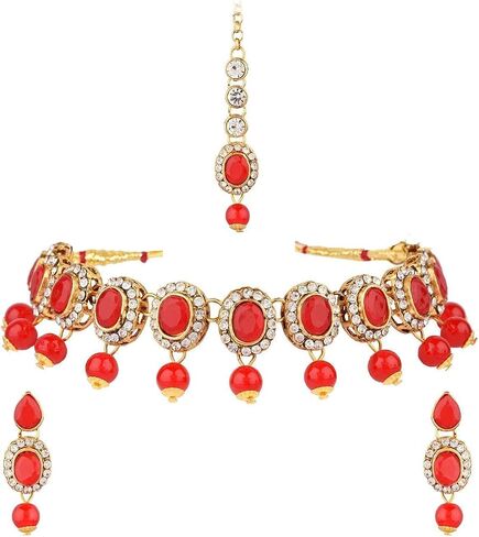 Efulgenz Crystal Indian Jewelry Choker Kundan Crystal Faux Pearl Necklace Earrings Maang Tikka Head Chain Bollywood Wedding Bridal Set for Women in Saudi Arabia