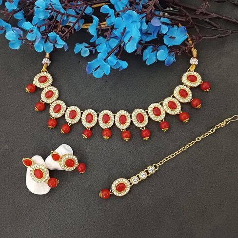 Efulgenz Crystal Indian Jewelry Choker Kundan Crystal Faux Pearl Necklace Earrings Maang Tikka Head Chain Bollywood Wedding Bridal Set for Women in Saudi Arabia