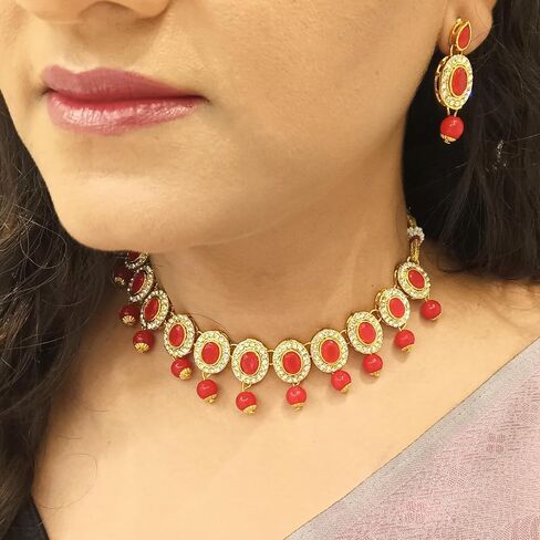 Efulgenz Crystal Indian Jewelry Choker Kundan Crystal Faux Pearl Necklace Earrings Maang Tikka Head Chain Bollywood Wedding Bridal Set for Women in Saudi Arabia