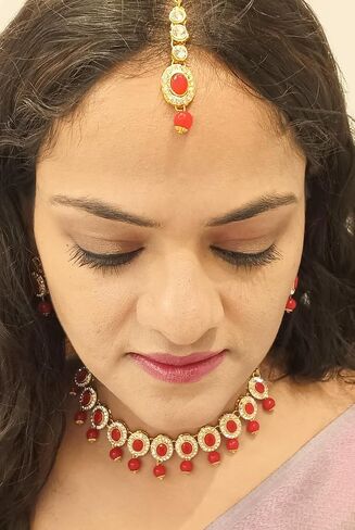 Efulgenz Crystal Indian Jewelry Choker Kundan Crystal Faux Pearl Necklace Earrings Maang Tikka Head Chain Bollywood Wedding Bridal Set for Women in Saudi Arabia