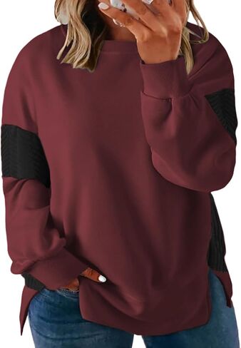 ROSRISS Womens Plus Size Sweatshirts Long Sleeve Color Block Tops Trendy Side Split Shirts Oversized Pullover Sweaters in Kuwait
