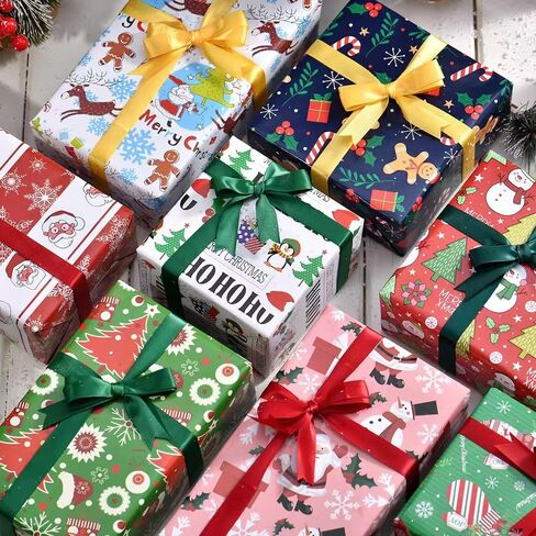 Tawatinat White & Gold Foil Wrapping Wrapping Paper - 70cm x 50cm 6 Designs Snowmen, Trees, Reindeer, Snowflakes - Perfect for Christmas Birthday, Wedding, and More - 6 Sheets 20"x 27" Folded in Saudi Arabia