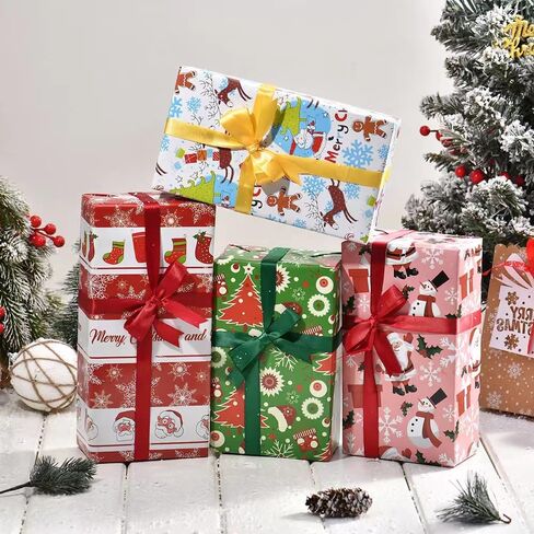 Tawatinat White & Gold Foil Wrapping Wrapping Paper - 70cm x 50cm 6 Designs Snowmen, Trees, Reindeer, Snowflakes - Perfect for Christmas Birthday, Wedding, and More - 6 Sheets 20"x 27" Folded in Saudi Arabia