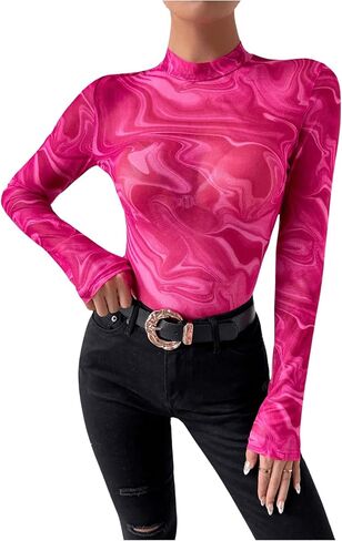 Milumia Women's Marble Print Mesh Sheer Mock Neck Long Sleeve Bodysuits Fitted Tops in Saudi Arabia