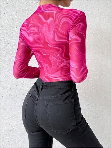 Milumia Women's Marble Print Mesh Sheer Mock Neck Long Sleeve Bodysuits Fitted Tops in Saudi Arabia