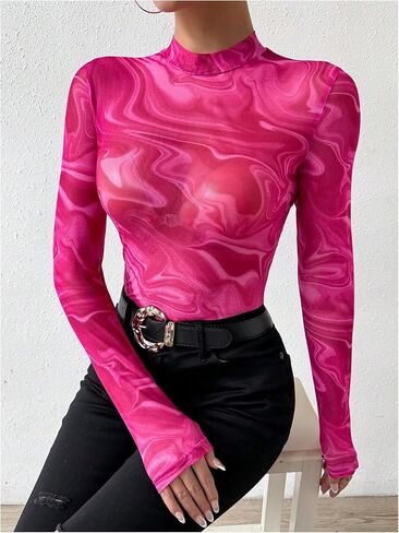 Milumia Women's Marble Print Mesh Sheer Mock Neck Long Sleeve Bodysuits Fitted Tops in Saudi Arabia