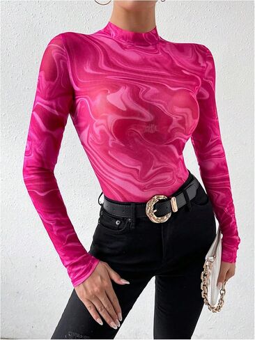 Milumia Women's Marble Print Mesh Sheer Mock Neck Long Sleeve Bodysuits Fitted Tops in Saudi Arabia