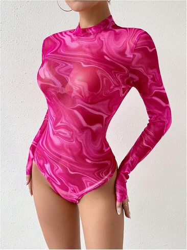 Milumia Women's Marble Print Mesh Sheer Mock Neck Long Sleeve Bodysuits Fitted Tops in Saudi Arabia