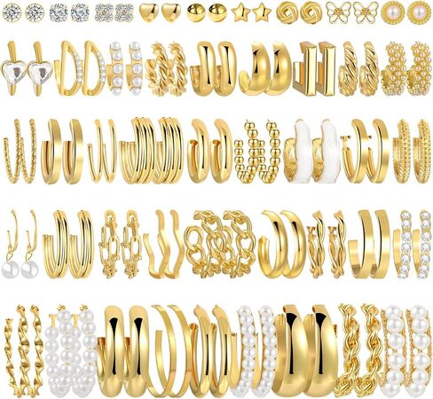45 Pairs Gold hoop Earring Set for Women, Fashion Stud Pearl Earrings Multipack, Hypoallergenic Twisted Heart Earring Pack, Gold Hoops Earrings for Party Jewelry with Gift Bag in Saudi Arabia
