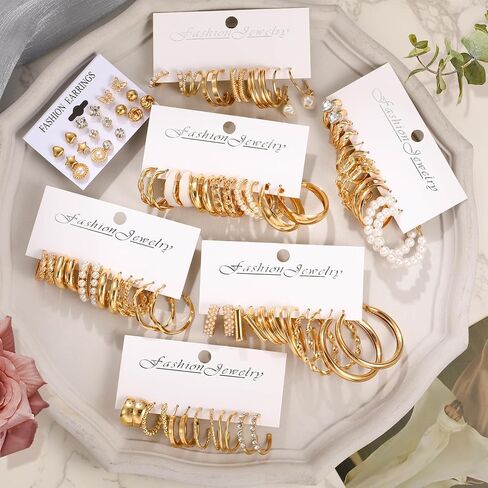 45 Pairs Gold hoop Earring Set for Women, Fashion Stud Pearl Earrings Multipack, Hypoallergenic Twisted Heart Earring Pack, Gold Hoops Earrings for Party Jewelry with Gift Bag in Saudi Arabia