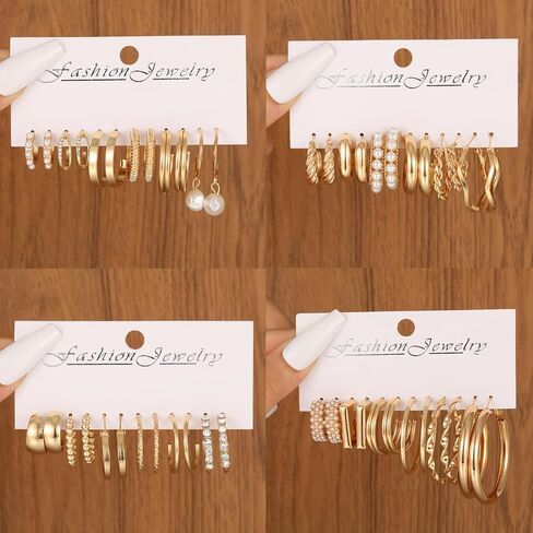 45 Pairs Gold hoop Earring Set for Women, Fashion Stud Pearl Earrings Multipack, Hypoallergenic Twisted Heart Earring Pack, Gold Hoops Earrings for Party Jewelry with Gift Bag in Saudi Arabia