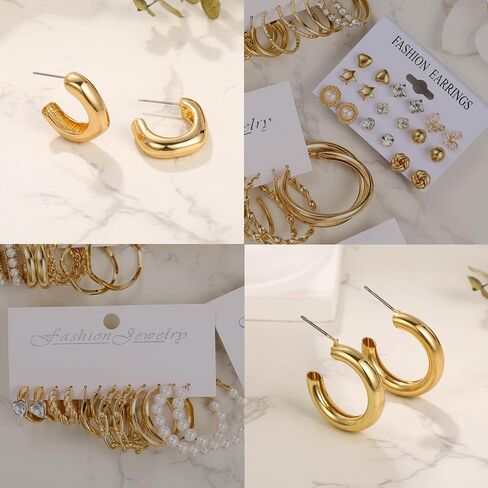 45 Pairs Gold hoop Earring Set for Women, Fashion Stud Pearl Earrings Multipack, Hypoallergenic Twisted Heart Earring Pack, Gold Hoops Earrings for Party Jewelry with Gift Bag in Saudi Arabia