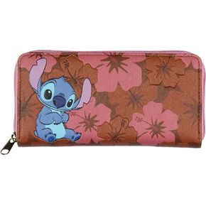 Disney Lilo And Stitch Allover Floral Stamped Design with Stitch Faux Leather Full Zip Wallet Bi-Fold