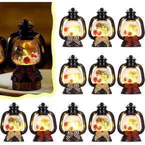 ROCEEI 12 Pcs Mini Christmas Lantern with Pine Cones, Berries, Pine Branches Flickering LED Candles Vintage Christmas Lantern with Bow Tie Ornament Hanging Candle Lantern Table Centerpiece for Xmas