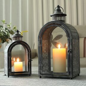 JHY DESIGN Set of 2 13''&19.5''H Decorative Candle Lanterns Vintage Hanging Lantern Metal Candle Holder for Garden Living Room Indoor Outdoor Parties Weddings Balcony(Black with Gold Brush)