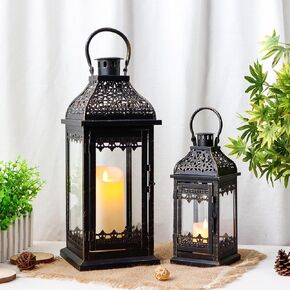 JHY DESIGN Set of 2 13''&19.5''H Decorative Candle Lanterns Vintage Hanging Lantern Metal Candle Holder for Garden Living Room Indoor Outdoor Parties Weddings Balcony(Black with Gold Brush) in Kuwait