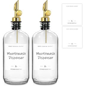 Mouthwash Dispenser for Bathroom, 1 Pack Glass Mouth Wash Container with Cup, 16 fl oz Mouthwash Decanter Bottle Set, Refillable Mouthwash Pump Dispenser