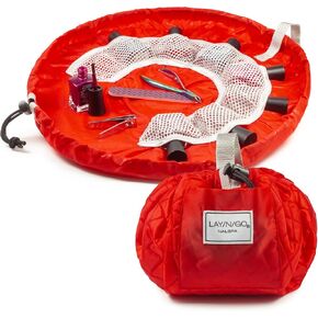 حقيبة مستحضرات التجميل برباط من Lay-n-Go NailSpa - حقيبة محمولة لتنظيم مستلزمات الأظافر مع 8 جيوب شبكية مرنة ومركز دائري - منظم أدوات أظافر متين وقابل للغسل في الغسالة (18 بوصة، أحمر) in Kuwait