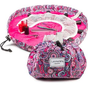Lay-n-Go NailSpa Drawstring Cosmetic Bag - Portable Nail Supplies Organizer Bag w/ 8 Elastic Mesh Pockets & Circular Center - Durable, Machine Washable Nail Kit Organizer (18", Red)