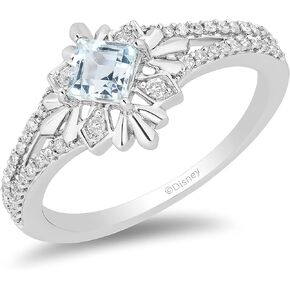 Jewelili Enchanted Disney Fine Jewelry Sterling Silver with 1/5 Cttw Aquamarine Centre Diamond Elsa Snowflake Ring