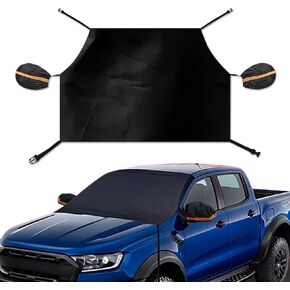 cueclue 1 PC Car Front Windshield Side Mirror Cover, 94.48" x 57.08" 210T Silver-Coated Cloth Sun Protection Anti-Freeze Cover, Elastic Hook Mounting Anti-Theft Buckle, for SUVs, Pickups (Black)