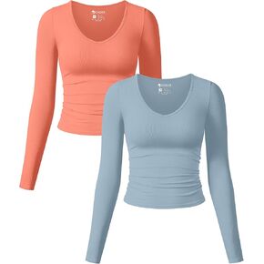 قمصان OQQ للسيدات مكونة من قطعتين بأكمام طويلة ورقبة على شكل حرف V مكشكشة ومطاطة ومثيرة وقمصان أساسية مناسبة in Kuwait