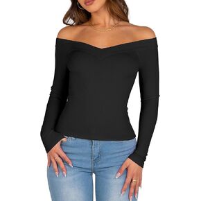 Long Sleeve Shirts for Women Off The Shoulder Tops Ribbed Knit Slim Fitted Cute Going Out Tops Y2K Shirt Fall Outfits 2024