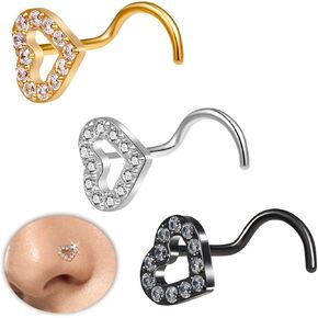 3PCS 20G Nose Studs for Women. Delicate Heart-shaped CZ Nose StudsHypoallergenic 316L Surgical Stainless Steel Piercing Jewelry for nose Piercings.