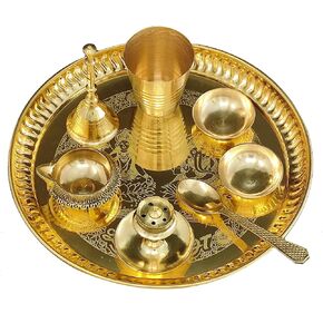 NOBILITY Brass Pooja thali Set 8 Inch with Pital Puja Plate Glass Spoon Ghanti Bowl Kuber Diya Agarbatti Stand Arti Thali for Diwali Home Mandir Office Wedding Return Gift Items