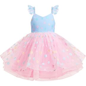 IBTOM CASTLE Toddler Girl Birthday Party Dress Flutter Sleeve Floral Embroidery Tulle Dress Flower Girl Dress Wedding
