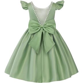 Uhnice Flower Girl Pearl Dress Flutter Sleeve V-Back Satin Dress with Bowknot for Wedding Birthday Party