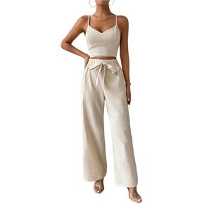 WDIRARA Women's 2 Piece Outfits V Neck Shirred Crop Cami Top and Belted Wide Leg Pants Set