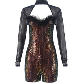 Short Jumpsuit for Women Long Sleeves Sequins Romper Fashion Active Wear Bodycon Overalls Fall