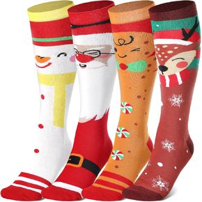 4 Pairs Christmas High Socks Holiday Long Socks Novelty Patterned Funny Xmas Socks for Men Women Girls